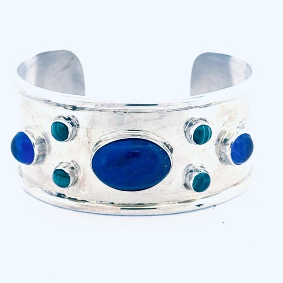 Vintage Estate Sterling Silver 925 Wide Cuff Bracelet w/ Lapis & Malachite 41g - Picture 1 of 13